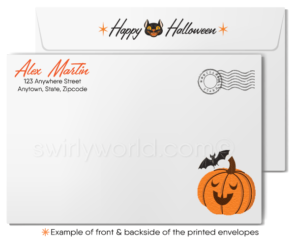 Vintage Pin-up Witch Halloween Card with Broom and Full Moon in 1940s-1950s Style