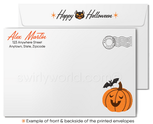 Vintage Pin-up Witch Halloween Card with Broom and Full Moon in 1940s-1950s Style