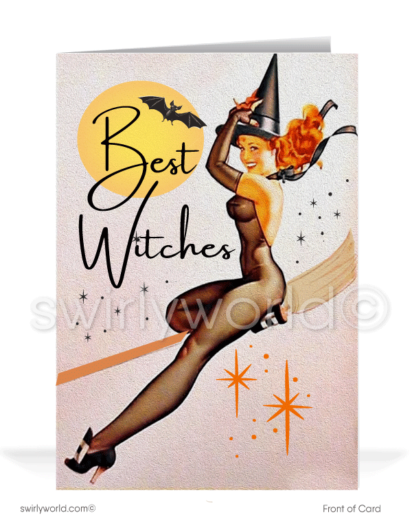 Enchant Halloween with Swirly World's vintage-style Pin-up cards. Featuring a captivating witch pin-up riding a broom against a starry night sky and full moon in a 1950s design. Perfect for mid-century style lovers. Choose single-panel or folded options, with customizable envelopes available.