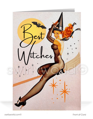 Enchant Halloween with Swirly World's vintage-style Pin-up cards. Featuring a captivating witch pin-up riding a broom against a starry night sky and full moon in a 1950s design. Perfect for mid-century style lovers. Choose single-panel or folded options, with customizable envelopes available.