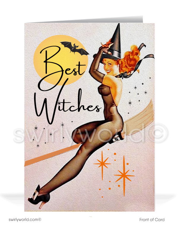 1940’s vintage mid-century retro bewitched pinup witch flying on broom Happy Halloween Greeting Cards. Bewitched Halloween. Varga Witch pinup