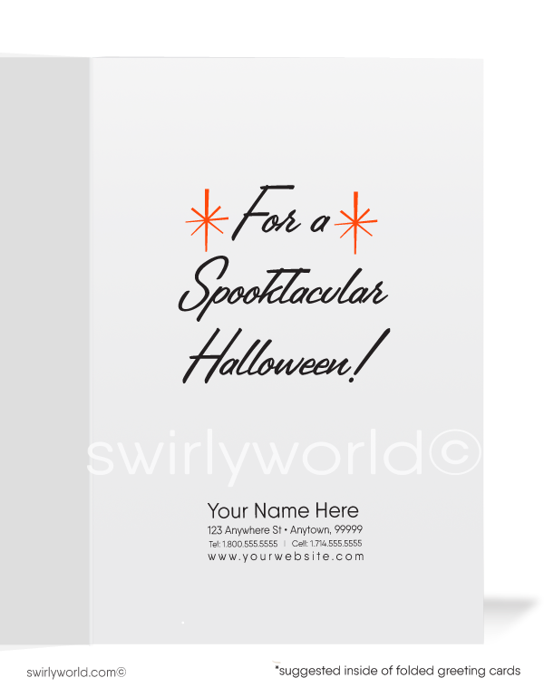Enchant your Halloween with Swirly World's vintage-style cards. Featuring a captivating witch pin-up nestled among pumpkins in an exclusive 1950s design. Perfect for fans of mid-century aesthetics. Choose single-panel or folded options with customizable envelopes for a personal touch.