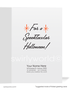 Vintage Mid-Century Retro Pin-up Witch Halloween Card with Pumpkins in 1950s Style