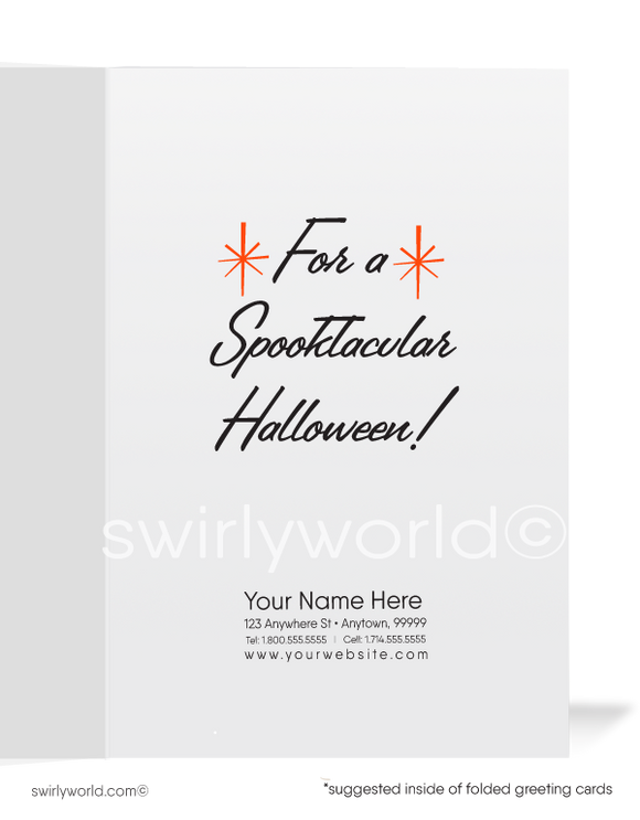 Enchant your Halloween with Swirly World's vintage-style cards. Featuring a captivating witch pin-up nestled among pumpkins in an exclusive 1950s design. Perfect for fans of mid-century aesthetics. Choose single-panel or folded options with customizable envelopes for a personal touch.