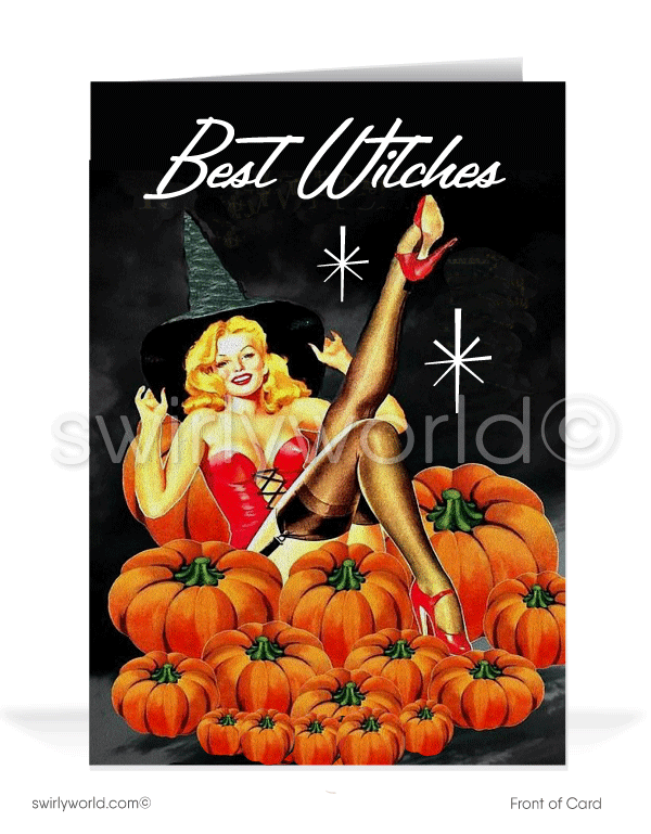 Enchant your Halloween with Swirly World's vintage-style cards. Featuring a captivating witch pin-up nestled among pumpkins in an exclusive 1950s design. Perfect for fans of mid-century aesthetics. Choose single-panel or folded options with customizable envelopes for a personal touch.