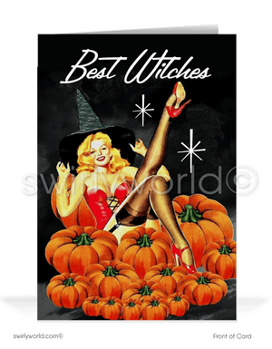 Enchant your Halloween with Swirly World's vintage-style cards. Featuring a captivating witch pin-up nestled among pumpkins in an exclusive 1950s design. Perfect for fans of mid-century aesthetics. Choose single-panel or folded options with customizable envelopes for a personal touch.