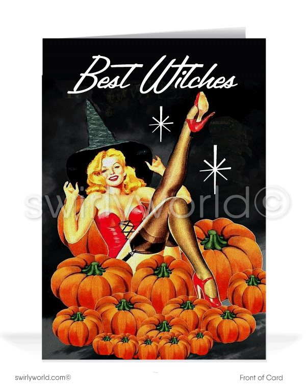 1940’s vintage mid-century retro Art Deco pin-up girl witch Happy Halloween greeting cards.Vintage Pin-up "Bewitched" 1950's-1960's Mid-Century MCM Printed Halloween Cards