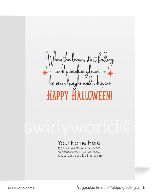 Step back in time with Swirly World's Mid-Century Halloween cards. Featuring a vintage haunted house with spooky trees and bats fluttering in an orange moonlit sky. Perfect for lovers of the retro aesthetic. Choose single-panel or folded options, with customizable envelopes available.