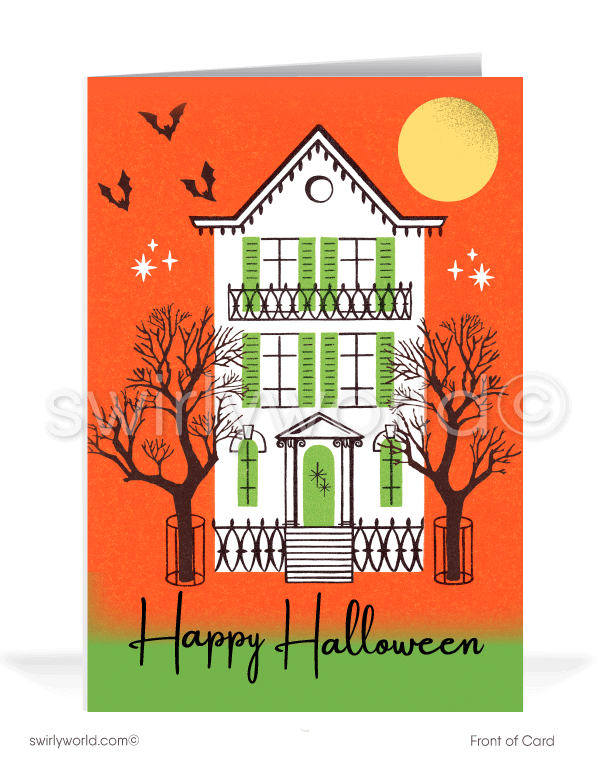 Vintage 1950's-1960s Mid-Century Atomic Haunted House Retro Halloween Cards 