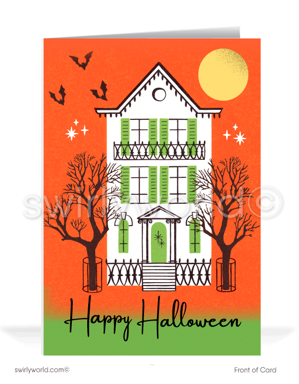 Step back in time with Swirly World's Mid-Century Halloween cards. Featuring a vintage haunted house with spooky trees and bats fluttering in an orange moonlit sky. Perfect for lovers of the retro aesthetic. Choose single-panel or folded options, with customizable envelopes available.