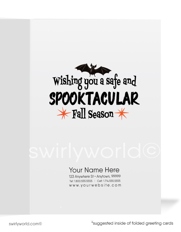 Capture the charm of the 1950s with Swirly World's MCM Halloween cards. Featuring a mid-century style haunted house, trick-or-treaters, and a carved jack-o'-lantern with "Happy Halloween" in vintage typography against a starry night sky. Perfect for retro style lovers. Choose single-panel or folded options, with customizable envelopes available.