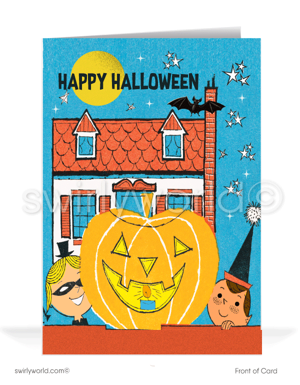 Capture the charm of the 1950s with Swirly World's MCM Halloween cards. Featuring a mid-century style haunted house, trick-or-treaters, and a carved jack-o'-lantern with "Happy Halloween" in vintage typography against a starry night sky. Perfect for retro style lovers. Choose single-panel or folded options, with customizable envelopes available.