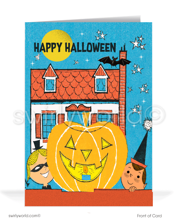 Vintage 1960's Retro Mod MCM Printed Halloween House Greeting Cards