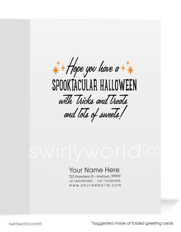 Discover the charm of 1950s-style Halloween with Swirly World's MCM greeting cards. Featuring a retro haunted house surrounded by jack-o'-lanterns, a spooky tree with an owl, and bats flying against an orange sky. Perfect for mid-century enthusiasts. Choose single-panel or folded options, with customizable envelopes available.