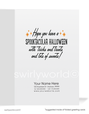 MCM 1950s-1960s Style Halloween Card with Haunted House, Jack-o'-Lanterns, and Bats