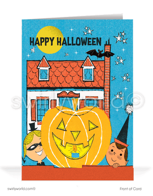 Capture the charm of the 1950s with Swirly World's MCM Halloween cards. Featuring a mid-century style haunted house, trick-or-treaters, and a carved jack-o'-lantern with "Happy Halloween" in vintage typography against a starry night sky. Perfect for retro style lovers. Choose single-panel or folded options, with customizable envelopes available.