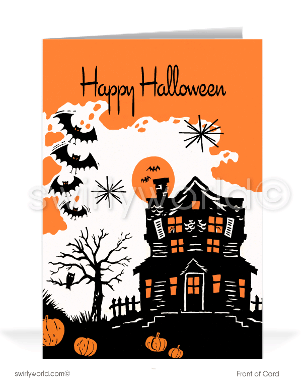 Discover the charm of 1950s-style Halloween with Swirly World's MCM greeting cards. Featuring a retro haunted house surrounded by jack-o'-lanterns, a spooky tree with an owl, and bats flying against an orange sky. Perfect for mid-century enthusiasts. Choose single-panel or folded options, with customizable envelopes available.