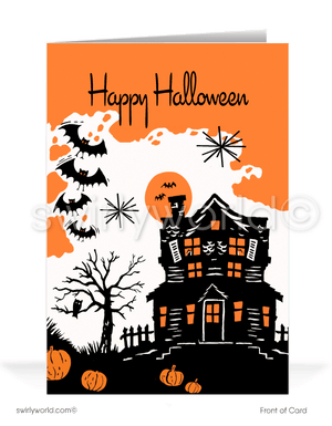 Discover the charm of 1950s-style Halloween with Swirly World's MCM greeting cards. Featuring a retro haunted house surrounded by jack-o'-lanterns, a spooky tree with an owl, and bats flying against an orange sky. Perfect for mid-century enthusiasts. Choose single-panel or folded options, with customizable envelopes available.