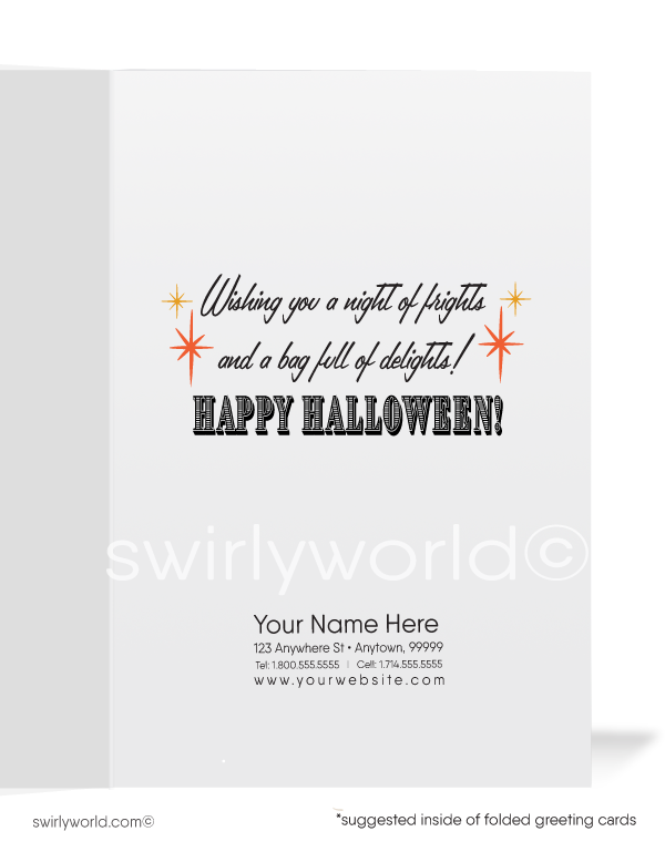 Celebrate the magic of Halloween with Swirly World's vintage 1950s-1960s mid-century style greeting cards. Featuring a captivating owl against an orange starry sky, these retro cards are available in flat or folded styles with optional custom envelopes. Perfect for adding a nostalgic touch this season!