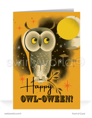 Celebrate the magic of Halloween with Swirly World's vintage 1950s-1960s mid-century style greeting cards. Featuring a captivating owl against an orange starry sky, these retro cards are available in flat or folded styles with optional custom envelopes. Perfect for adding a nostalgic touch this season!