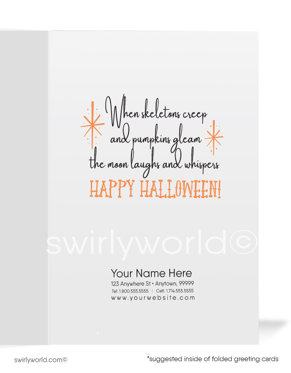 Embrace mid-century charm with Swirly World's vintage skeleton Halloween card! Featuring a creeping skeleton with a jack-o'-lantern against a starburst sky, this 1940s-1950s inspired design is perfect for sending nostalgic Halloween greetings. Customizable wording and envelopes available!