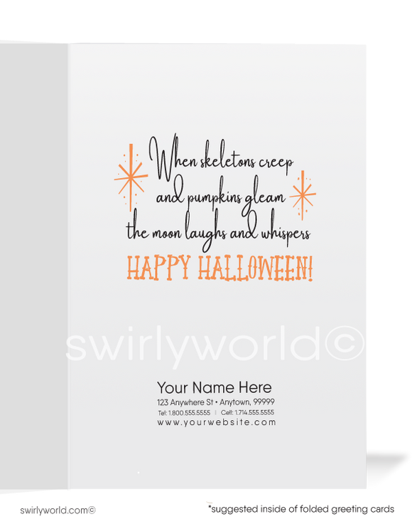 1950’s vintage mid-century retro skeleton Happy Halloween Greeting Cards for Business Customers.