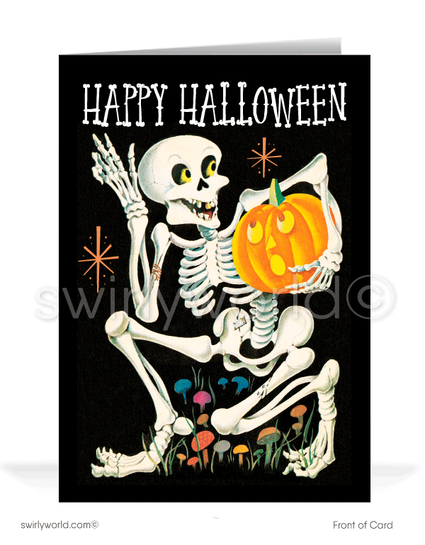 1950’s vintage mid-century retro skeleton Happy Halloween Greeting Cards for Business Customers.