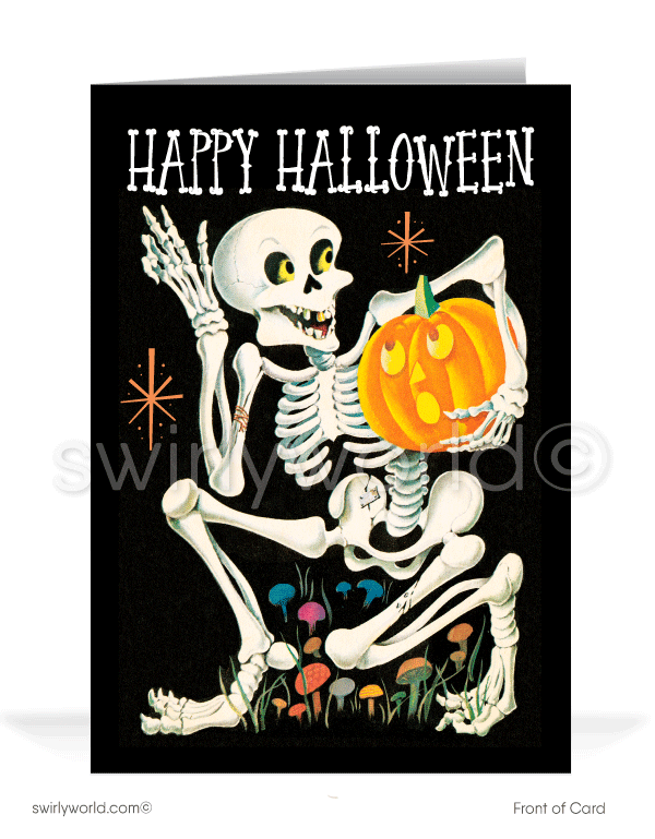 Embrace mid-century charm with Swirly World's vintage skeleton Halloween card! Featuring a creeping skeleton with a jack-o'-lantern against a starburst sky, this 1940s-1950s inspired design is perfect for sending nostalgic Halloween greetings. Customizable wording and envelopes available!