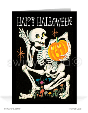 Embrace mid-century charm with Swirly World's vintage skeleton Halloween card! Featuring a creeping skeleton with a jack-o'-lantern against a starburst sky, this 1940s-1950s inspired design is perfect for sending nostalgic Halloween greetings. Customizable wording and envelopes available!