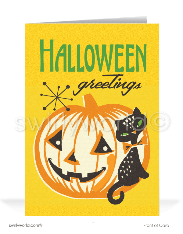 1950’s vintage mid-century retro black kitty cat and pumpkin Happy Halloween Greeting Cards for Business Customers.