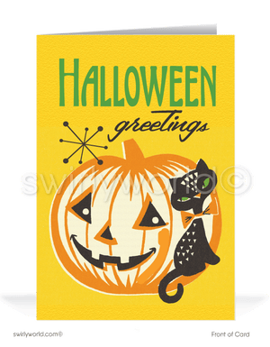 Capture the nostalgic charm of the 1950s with Swirly World's retro Halloween cards. Featuring an atomic mod design with a jack-o'-lantern embraced by a black kitty, "Halloween Greetings" in vintage typography, and atomic starbursts on a yellow backdrop. Perfect for mid-century style lovers. Choose single-panel or folded options with customizable envelopes.