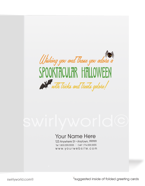 Capture the nostalgic charm of the 1950s with Swirly World's retro Halloween cards. Featuring an atomic mod design with a jack-o'-lantern embraced by a black kitty, "Halloween Greetings" in vintage typography, and atomic starbursts on a yellow backdrop. Perfect for mid-century style lovers. Choose single-panel or folded options with customizable envelopes.