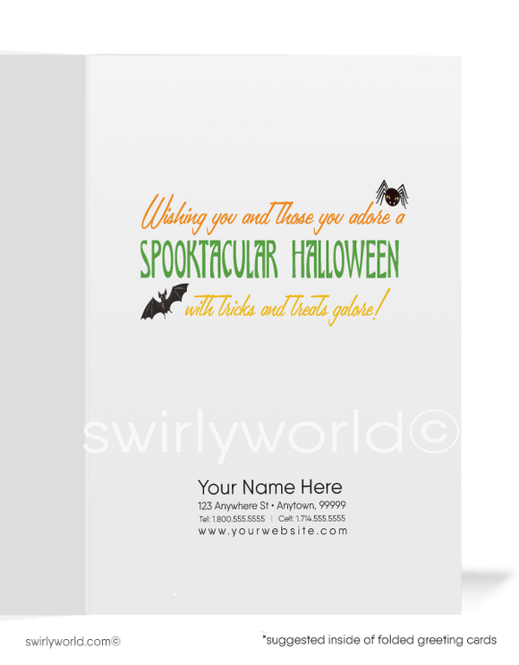 1950’s vintage mid-century retro black kitty cat and pumpkin Happy Halloween Greeting Cards for Business Customers.