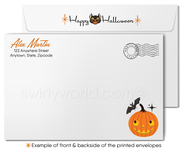 Retro MCM Halloween Card with Haunted House, Trick-or-Treaters, and Bats in 1950s Style