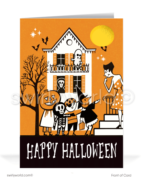 Celebrate Halloween with Swirly World's retro MCM greeting cards. Featuring a mid-century style haunted house, spooky tree, bats, and trick-or-treaters with "Happy Halloween" in retro typography. Perfect for lovers of 1950s style. Choose single-panel or folded options, with customizable envelopes available.