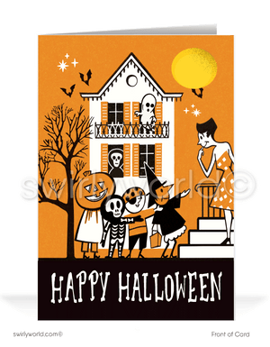 Celebrate Halloween with Swirly World's retro MCM greeting cards. Featuring a mid-century style haunted house, spooky tree, bats, and trick-or-treaters with "Happy Halloween" in retro typography. Perfect for lovers of 1950s style. Choose single-panel or folded options, with customizable envelopes available.