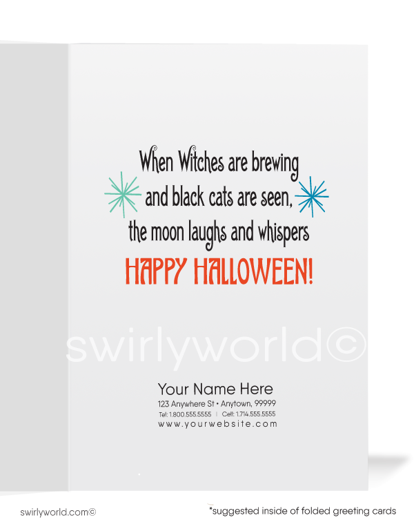 Step into 1930s Art Deco elegance with Swirly World's Halloween cards. Featuring a glamorous harlequin clown in vibrant aqua blues, greens, and oranges, with atomic starbursts and a vintage design. Perfect for retro style lovers. Choose single-panel or folded options, with customizable envelopes available.