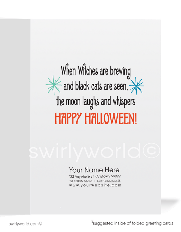 Step into 1930s Art Deco elegance with Swirly World's Halloween cards. Featuring a glamorous harlequin clown in vibrant aqua blues, greens, and oranges, with atomic starbursts and a vintage design. Perfect for retro style lovers. Choose single-panel or folded options, with customizable envelopes available.