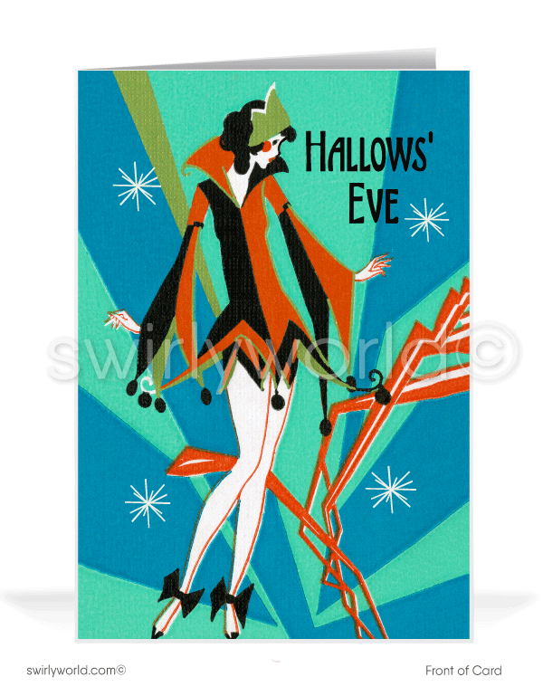 Step into 1930s Art Deco elegance with Swirly World's Halloween cards. Featuring a glamorous harlequin clown in vibrant aqua blues, greens, and oranges, with atomic starbursts and a vintage design. Perfect for retro style lovers. Choose single-panel or folded options, with customizable envelopes available.