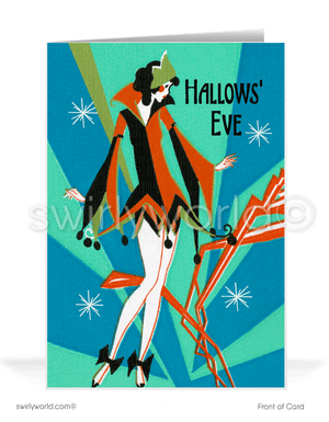 Step into 1930s Art Deco elegance with Swirly World's Halloween cards. Featuring a glamorous harlequin clown in vibrant aqua blues, greens, and oranges, with atomic starbursts and a vintage design. Perfect for retro style lovers. Choose single-panel or folded options, with customizable envelopes available.