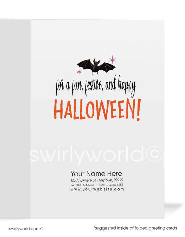 Step into mid-century magic with Swirly World's vintage Halloween cards. Featuring a 1960s-style illustration of a witch with an owl brewing Halloween enchantment under a starry sky with bats. Perfect for retro style lovers. Choose single-panel or folded options, with customizable envelopes available.