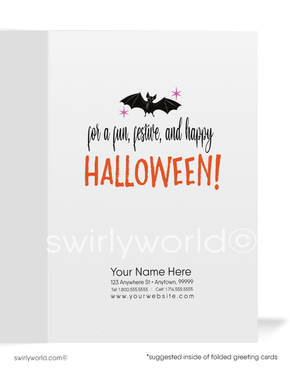 Step into mid-century magic with Swirly World's vintage Halloween cards. Featuring a 1960s-style illustration of a witch with an owl brewing Halloween enchantment under a starry sky with bats. Perfect for retro style lovers. Choose single-panel or folded options, with customizable envelopes available.