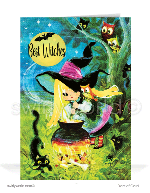 Mid-Century Retro Vintage 1950s-1960s Mod Cute Witch Halloween Greeting Cards