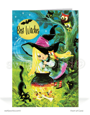 Step into mid-century magic with Swirly World's vintage Halloween cards. Featuring a 1960s-style illustration of a witch with an owl brewing Halloween enchantment under a starry sky with bats. Perfect for retro style lovers. Choose single-panel or folded options, with customizable envelopes available.