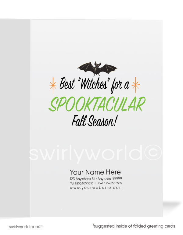 Step back in time with Swirly World's Mid-Century MCM Halloween Cards. Featuring a charming trick-or-treater in a witch costume holding a candy bag against an orange sky with stars and bats. Perfect for retro style lovers. Choose single-panel or folded options, with customizable envelopes available.