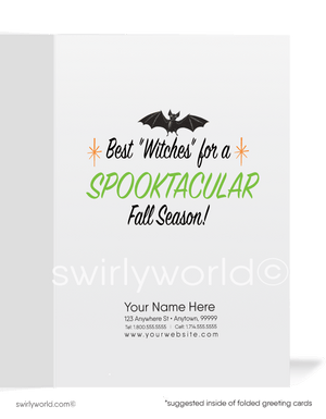 Mid-Century MCM Halloween Card with Witch Costume Trick-or-Treater and Bats