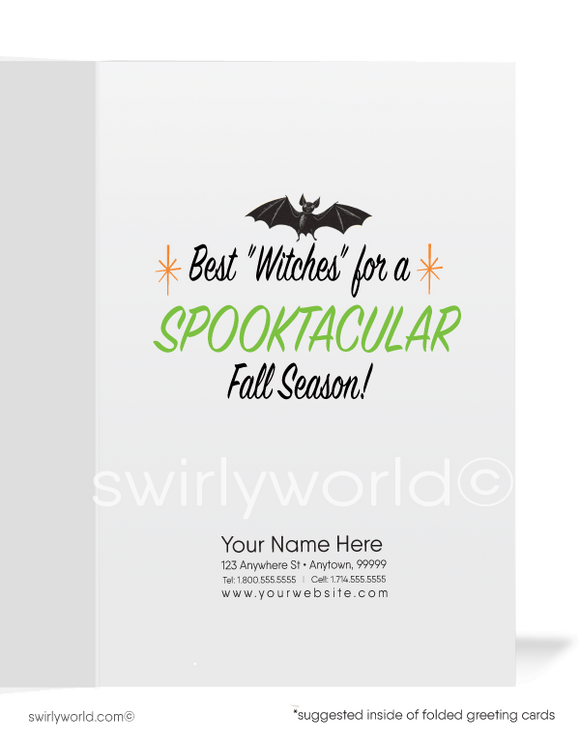 Step back in time with Swirly World's Mid-Century MCM Halloween Cards. Featuring a charming trick-or-treater in a witch costume holding a candy bag against an orange sky with stars and bats. Perfect for retro style lovers. Choose single-panel or folded options, with customizable envelopes available.