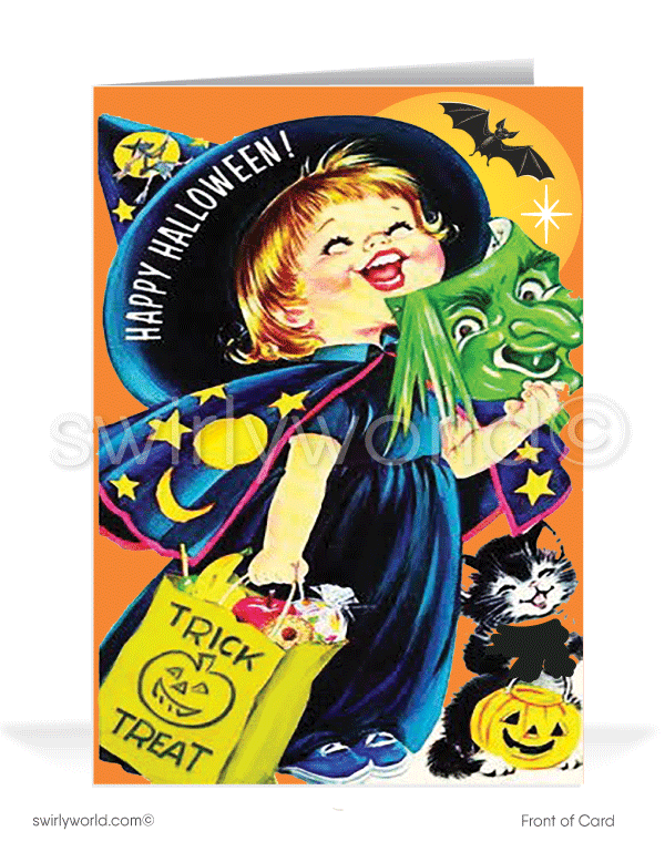 Vintage "Trick or Treat" 1950s-1960s Witch Mid-Century Printed Halloween Cards