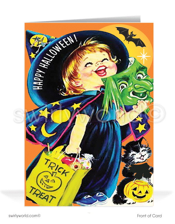 Step back in time with Swirly World's Mid-Century MCM Halloween Cards. Featuring a charming trick-or-treater in a witch costume holding a candy bag against an orange sky with stars and bats. Perfect for retro style lovers. Choose single-panel or folded options, with customizable envelopes available.