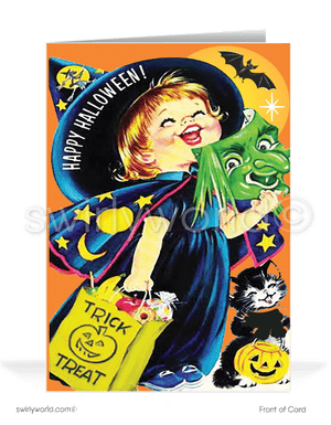 Step back in time with Swirly World's Mid-Century MCM Halloween Cards. Featuring a charming trick-or-treater in a witch costume holding a candy bag against an orange sky with stars and bats. Perfect for retro style lovers. Choose single-panel or folded options, with customizable envelopes available.